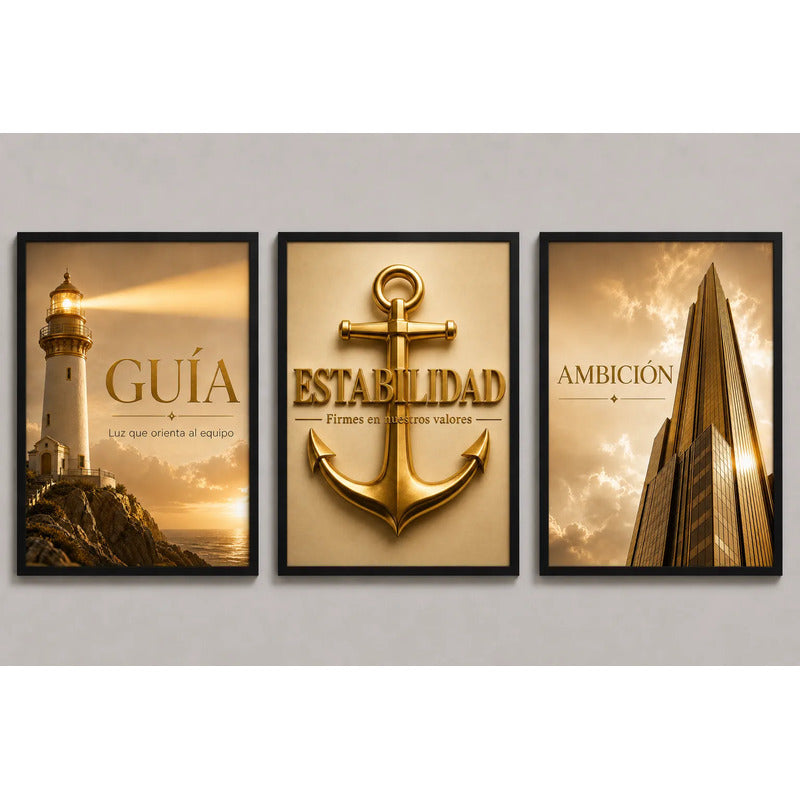 Set 3 Cuadros Motivacional Faro Ancla Rascacielos Oficina Marco Negro