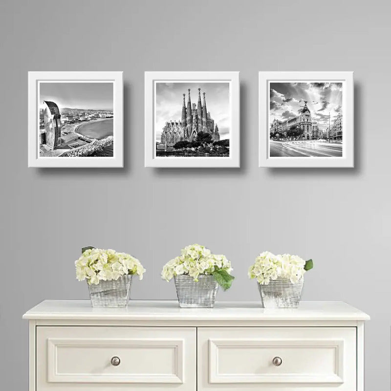 Set 3 Cuadros España Madrid Barcelona Blanco Y Negro Decora
