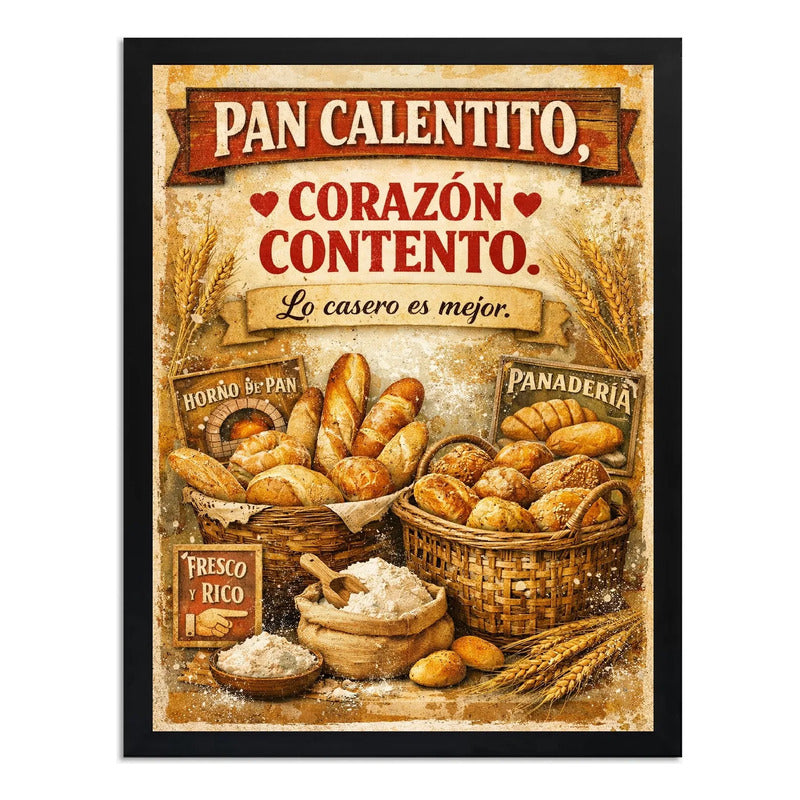 Cuadro Pan Calentito Corazón Contento Frase Panaderia Cocina Marco Negro