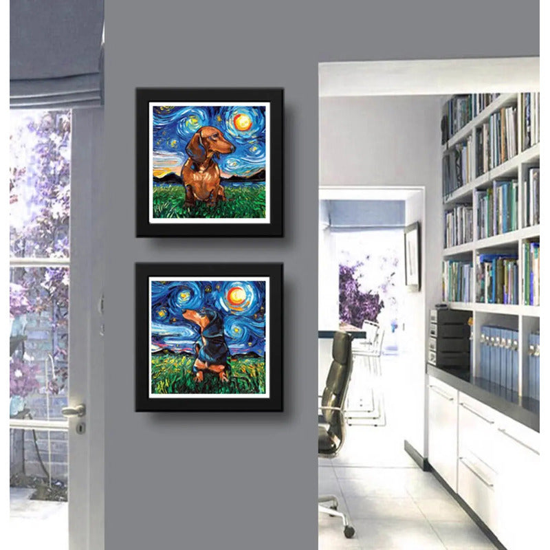 Set 2 Cuadros Salchicha Perro Van Gogh Dachshund Pet 33x33cm Marco Negro