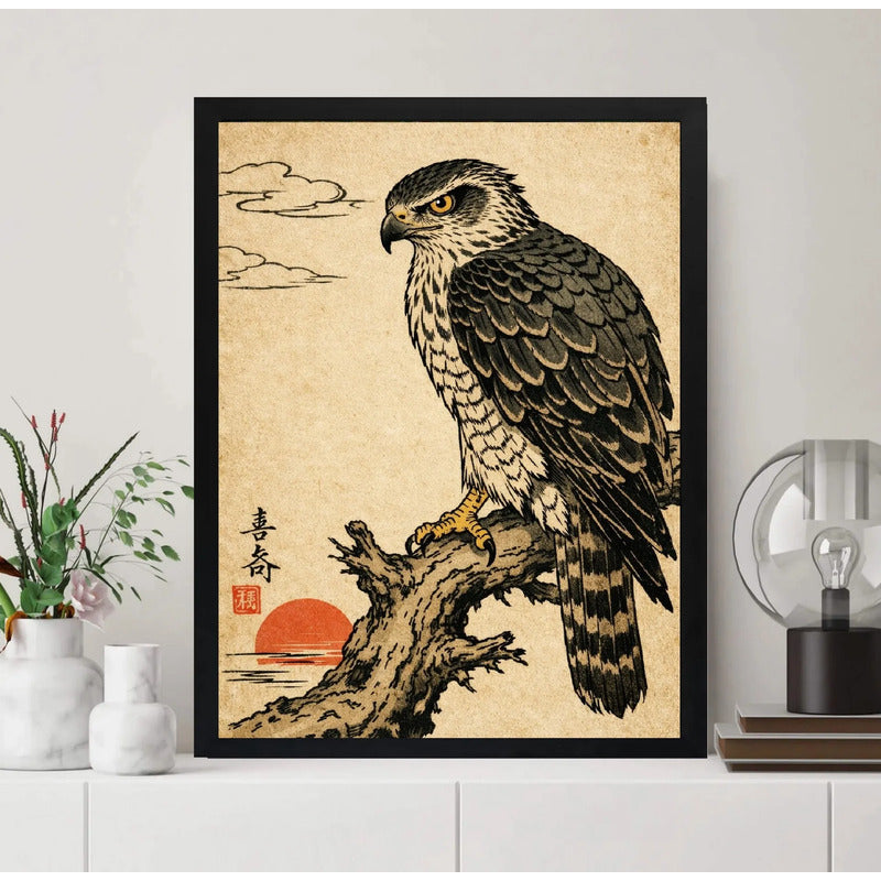 Cuadro Águila Ave Árbol Sol Japón Arte Oriental Decoracion Marco Negro
