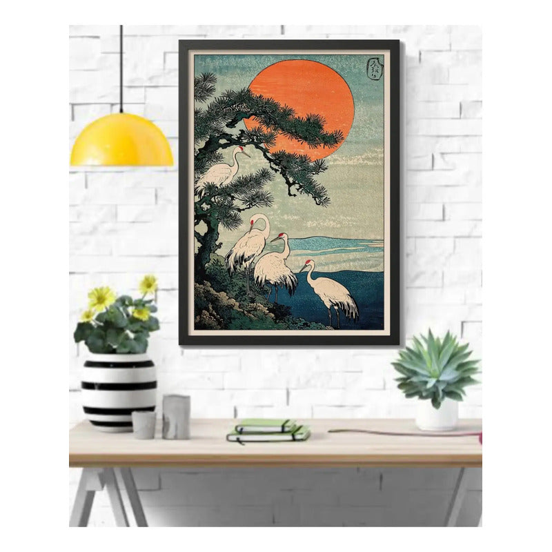 Cuadro Japonés Woodblock Grulla Paisaje Art Japón Decoracion Marco Negro