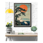 Cuadro Japonés Woodblock Grulla Paisaje Art Japón Decoracion Marco Negro