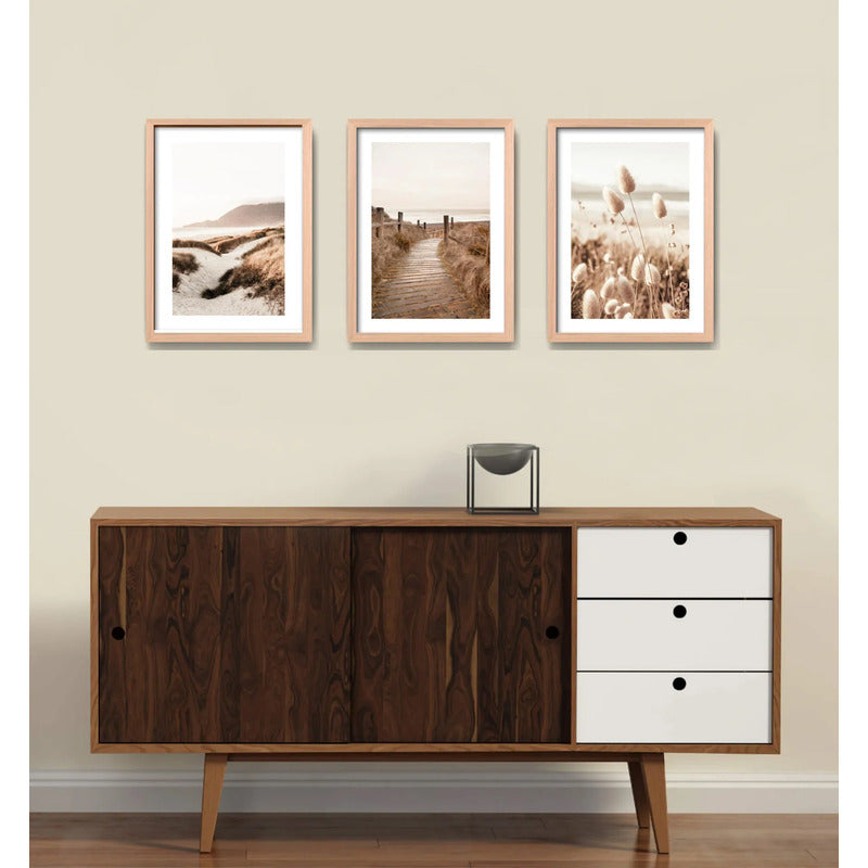 Set 3 Cuadros Paisajes De Playa Tonos Beige Neutros Dunas Marco Madera Natural Oak