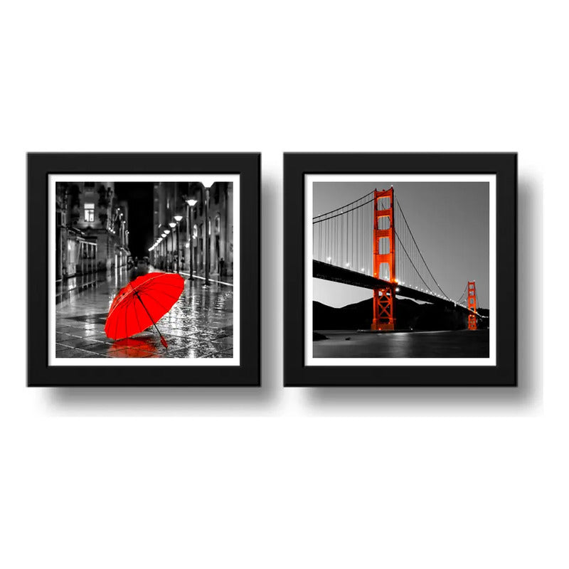 Set 2 Cuadros Paris Ciudad Y Puente De San Francisco 33x33cm Marco Negro