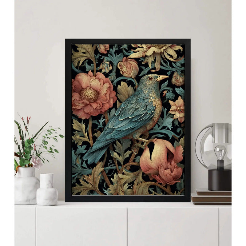 Cuadro Pajaro Botanico Flores William Morris Aves Flor Arte Pájaro Azul Y Peonías W Morris Marco Negro