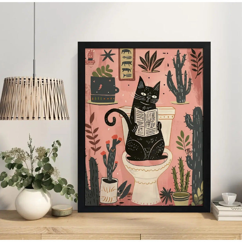 Cuadro Baño Gato Negro En Inodoro Con Cactus Arte Decoracion Marco Negro