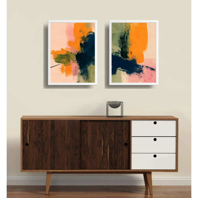 Set 2 Cuadros Dormitorio Living Abstracto Arte Contemporáneo Marco Blanco
