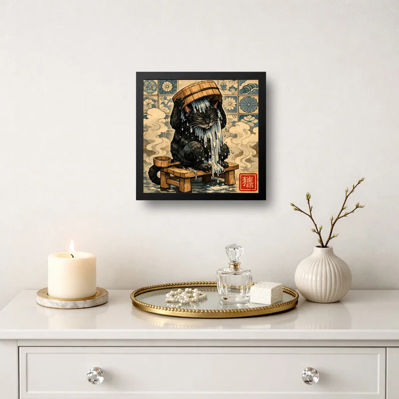 Cuadro Gato Negro Bañándose Bano Arte Japones Coleccion Marco Negro