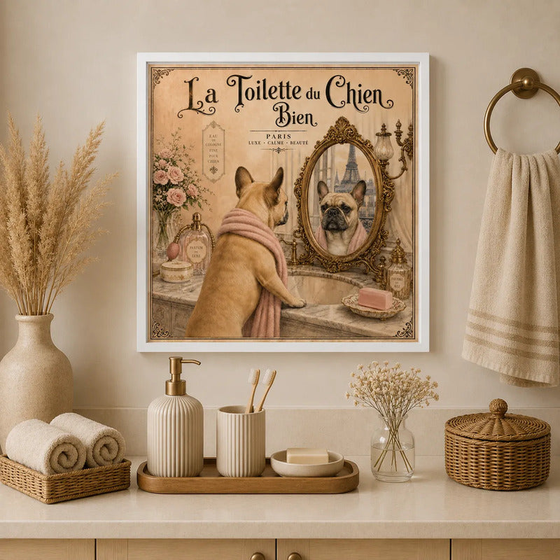 Cuadro Para Decoracion Bano Bulldog Frances Espejo 33x33cm Marco Blanco