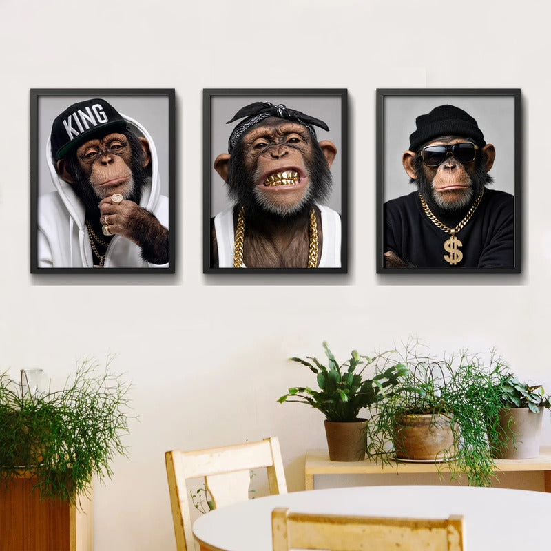 Set 3 Cuadros Los Tres Monos Rap Con Cadenas De Oro Chimps Marco Negro