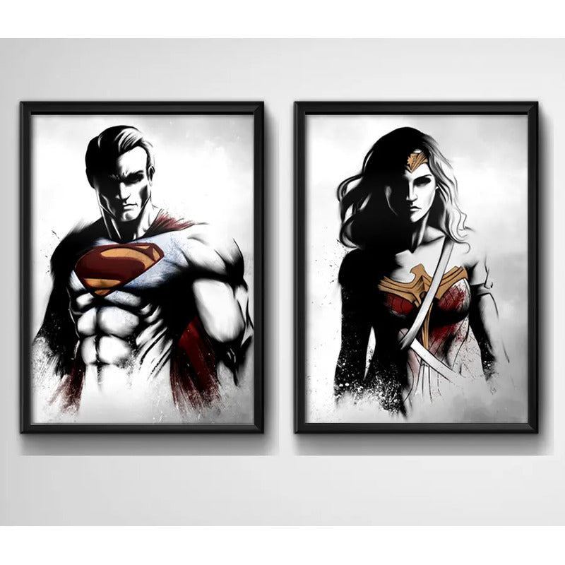 Set 2 Cuadros Superman Mujer Maravilla Superhéroes Dc Comics