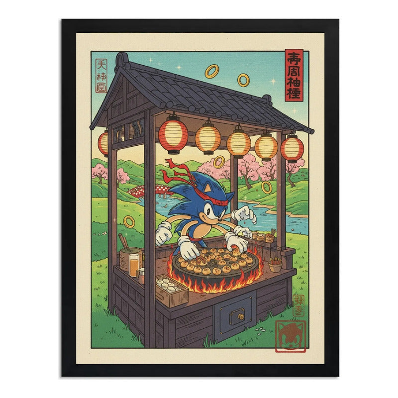 Cuadro Sonic Chef Takoyaki Asado Cocina Comida Japón Game Marco Negro
