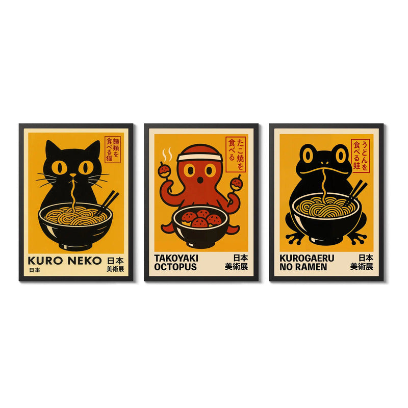 Set 3 Cuadros Gato Sapo Ramen Sushi Arte Japonés Chef Cocina Kuro Neko Trio Comida Japonesa Marco Negro