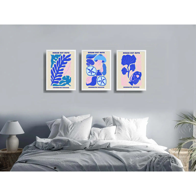 Set 3 Cuadros Decoración Playera Nautico Paraíso Subacuático Marco Blanco