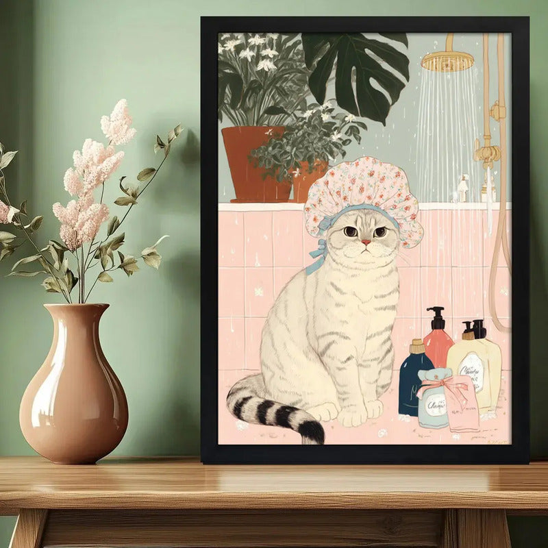 Cuadro Gato En La Rutina Del Baño Banera Flores Decoracion Gato Scottish Fold Gorro Ducha Rosa Negro