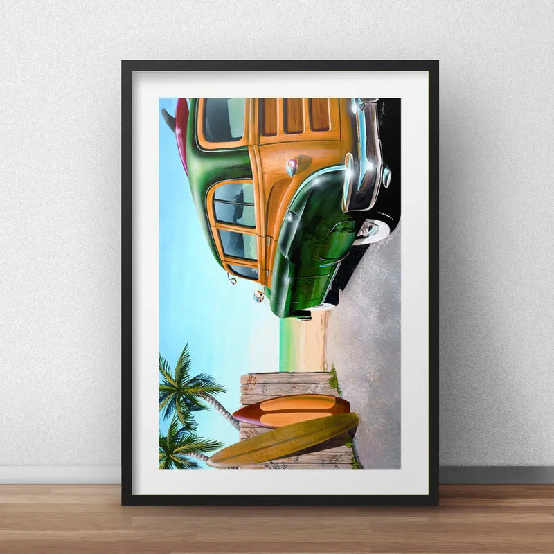 Cuadro Auto Vintage Surf Tabla Retro Playa Mar Con Paspartu Marco Negro