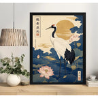 Cuadro Grulla Flor De Loto Arte Japonés Retro Vintage Marco Negro