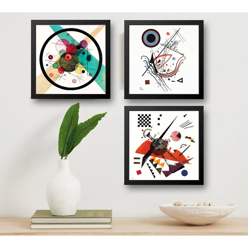 Set 3 Cuadros Kandinsky Arte Abstracto Bauhaus Geometrico Marco Negro
