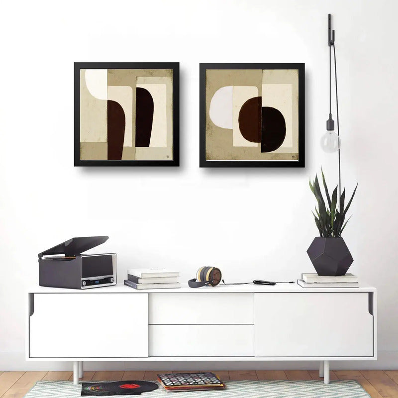 Set 2 Cuadros Dormitorio Living Boho Abstracto Beige 33x33cm Marco Negro