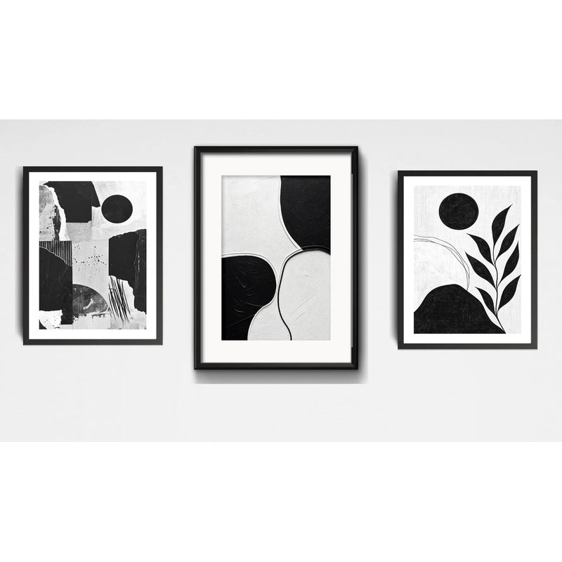 Set 3 Cuadros Living Escalera Pasillo Abstracto Blanco Negro Marco Negro