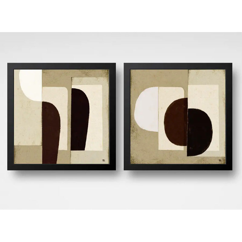 Set 2 Cuadros Dormitorio Living Boho Abstracto Beige 33x33cm Marco Negro