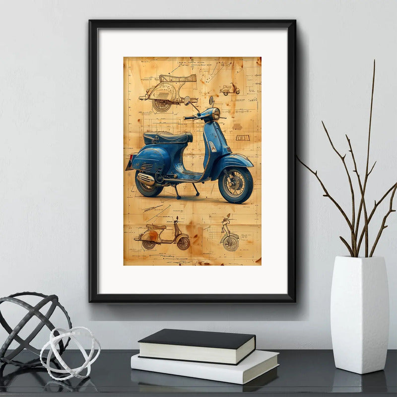 Cuadro Lambretta Patente Retro Vintage Scooter Con Paspartu Marco Negro