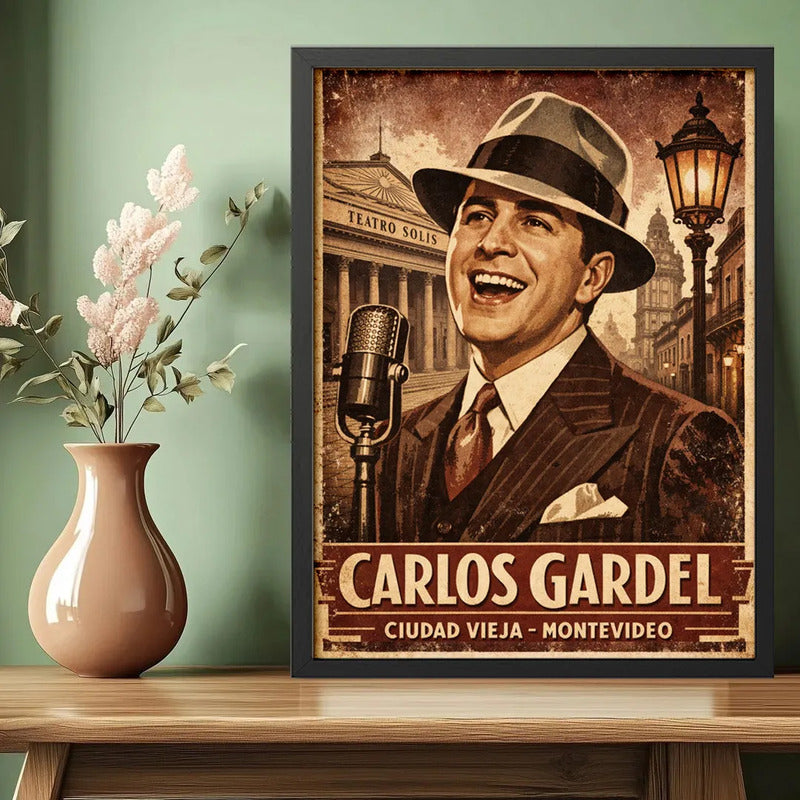 Cuadro Carlos Gardel Ciudad Vieja Montevideo Solis Retro Marco Negro