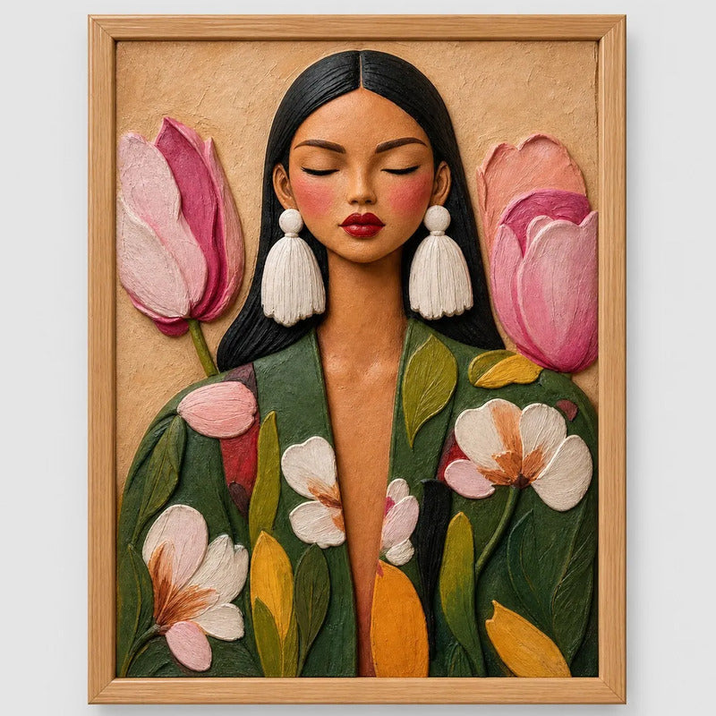 Cuadro Dormitorio Living Mujer Con Flores Arte Abstracto Marco Marrón Claro