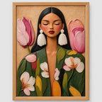 Cuadro Dormitorio Living Mujer Con Flores Arte Abstracto Marco Marrón Claro