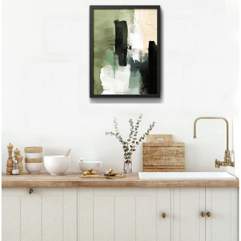 Cuadro Dormitorio Living Boho Abstracto Niebla Verde Marco Negro