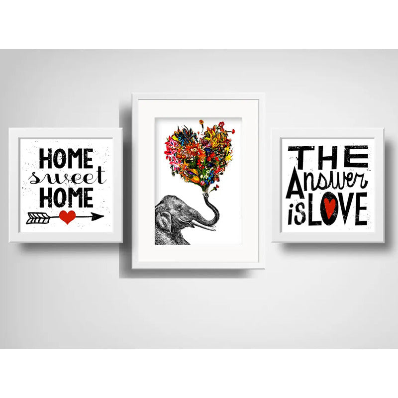 Set 3 Cuadros Elefante Amor Corazón Home Sweet Home Frase