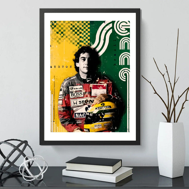 Cuadro Ayrton Senna Formula 1 Mclaren Casco Amarillo Arte Marco Negro