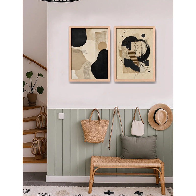 Set 2 Cuadros Boho Arte Abstracto Beige Crema Decorar Casa Marco Madera Natural Oak