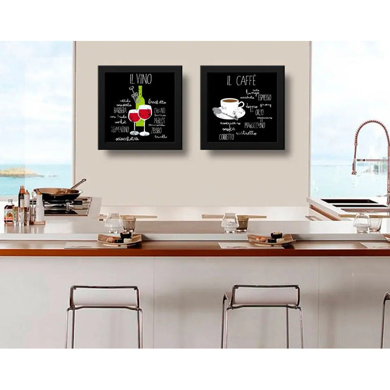Set 2 Cuadros Café Y Vino Cocina Gourmet Decoracion 33x33cm Marco Negro