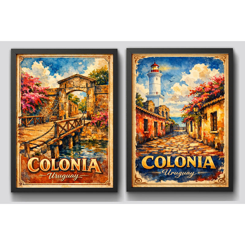 Set 2 Cuadros Colonia Del Sacramento Arte Retro Uruguay Marco Negro