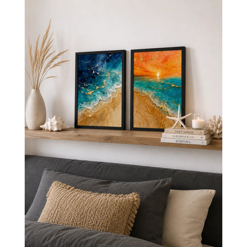 Set 2 Cuadros Living Dormitorio Paisajes De Playa Surf Brs1 Marco Negro