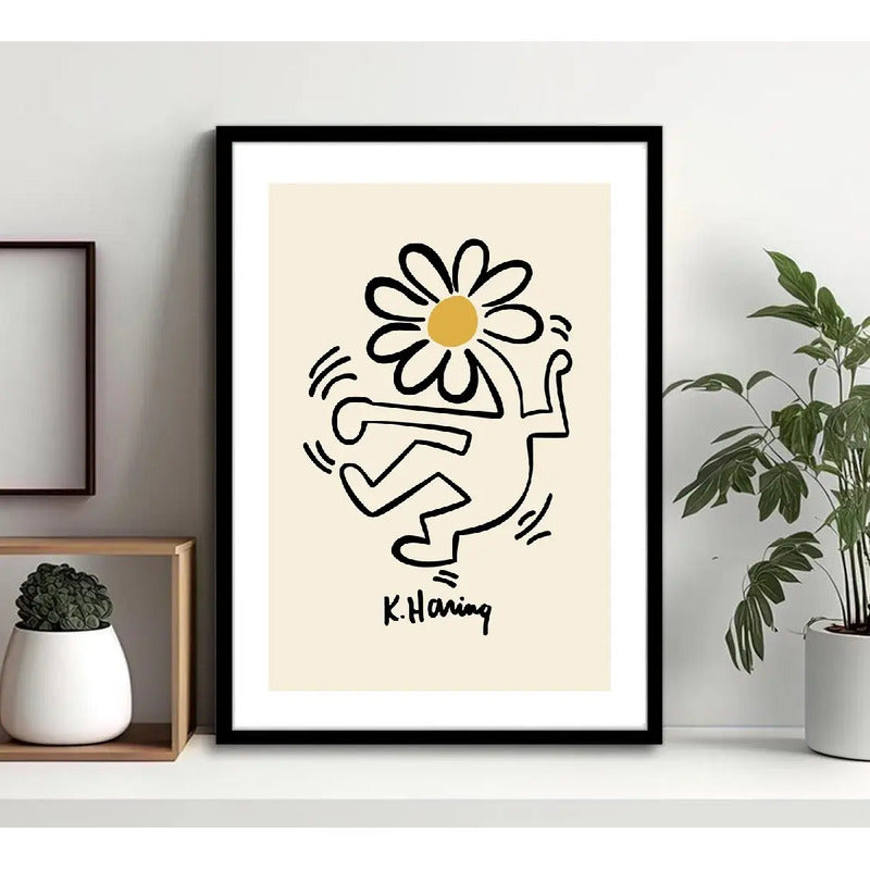 Cuadro Keith Haring Flor Amarilla Arte Urbano Decoracion Marco Negro