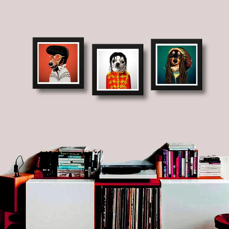 Set 3 Cuadros Perro Elvis Michal Jackson Bob Marley Pop Art
