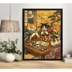 Cuadro Gato Poker Juego Cartas Arte Grullas Japón Decoracion Marco Negro