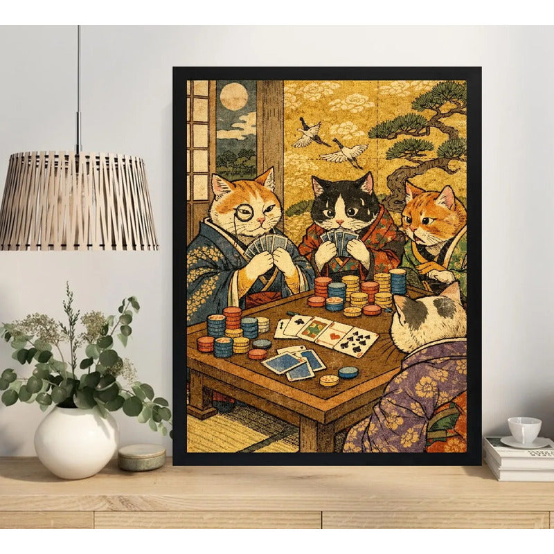 Cuadro Gato Poker Juego Cartas Arte Grullas Japón Decoracion Marco Negro