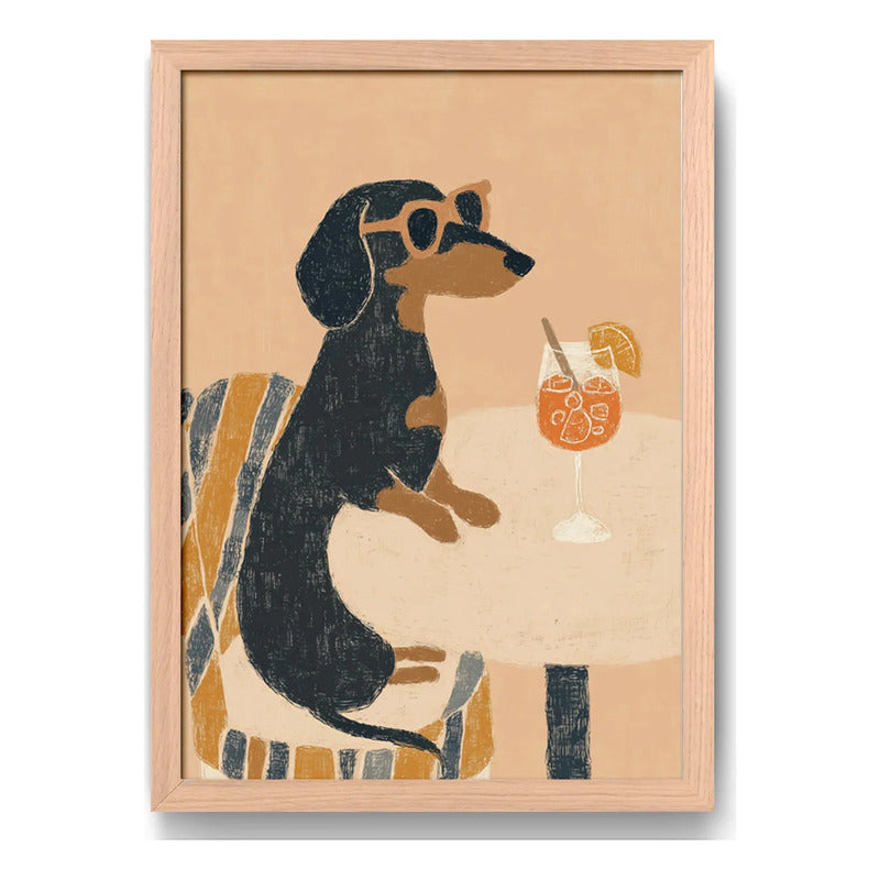 Cuadro Cocina Living Perro Dachshund Salchicha Aperol Oak Marco Marrón Claro