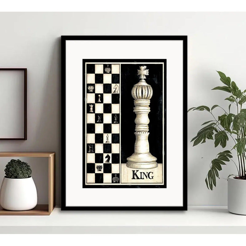 Cuadro Ajedrez Juego Retro Vintage Decoracion Con Paspartú Pieza 1 Rey Con Marco Negro