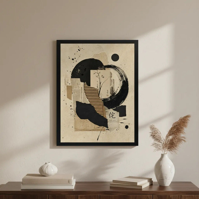Cuadro Boho Abstracto Arte Japon Beige Negro Decora Living Marco Negro
