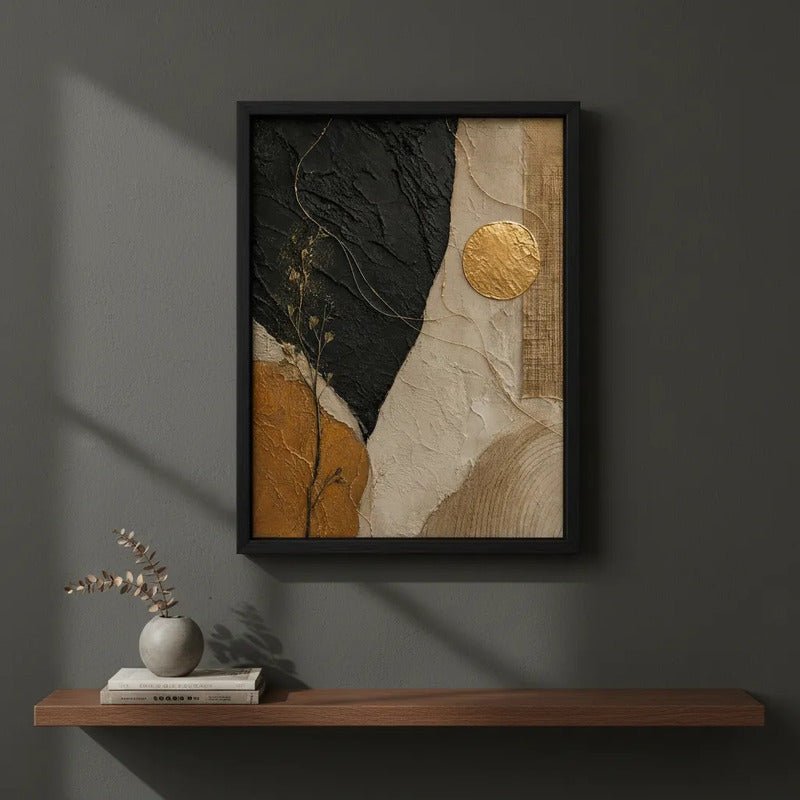 Cuadro Dormitorio Living Boho Abstracto Texturas Oro Brs1 Marco Negro