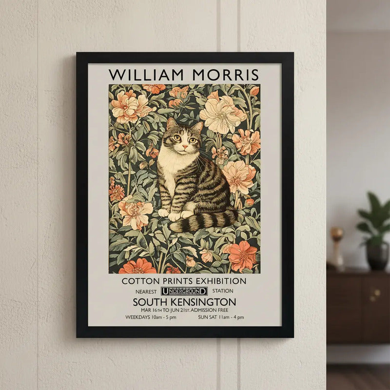 Cuadro Living Dormitorio Gato Flores William Morris Botanico Marco Negro