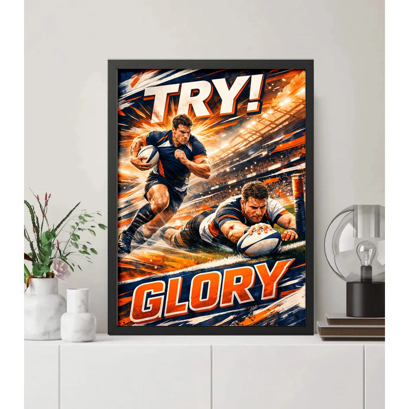 Cuadro Rugby Art Try Glory Jugador Club Deportes Decoracion Marco Negro