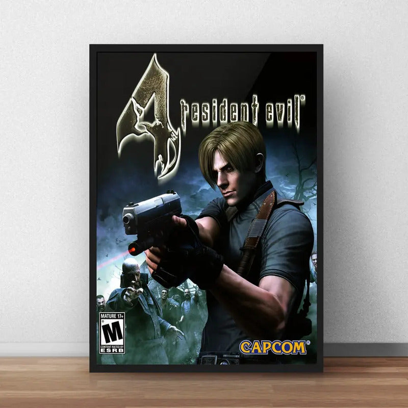 Cuadro Resident Evil Leon Game Retro Playstation Videojuego Marco Negro