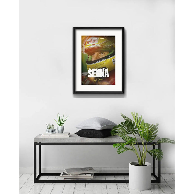 Cuadro Ayrton Senna Formula 1 Casco 53x43cm Con Paspartú Marco Negro