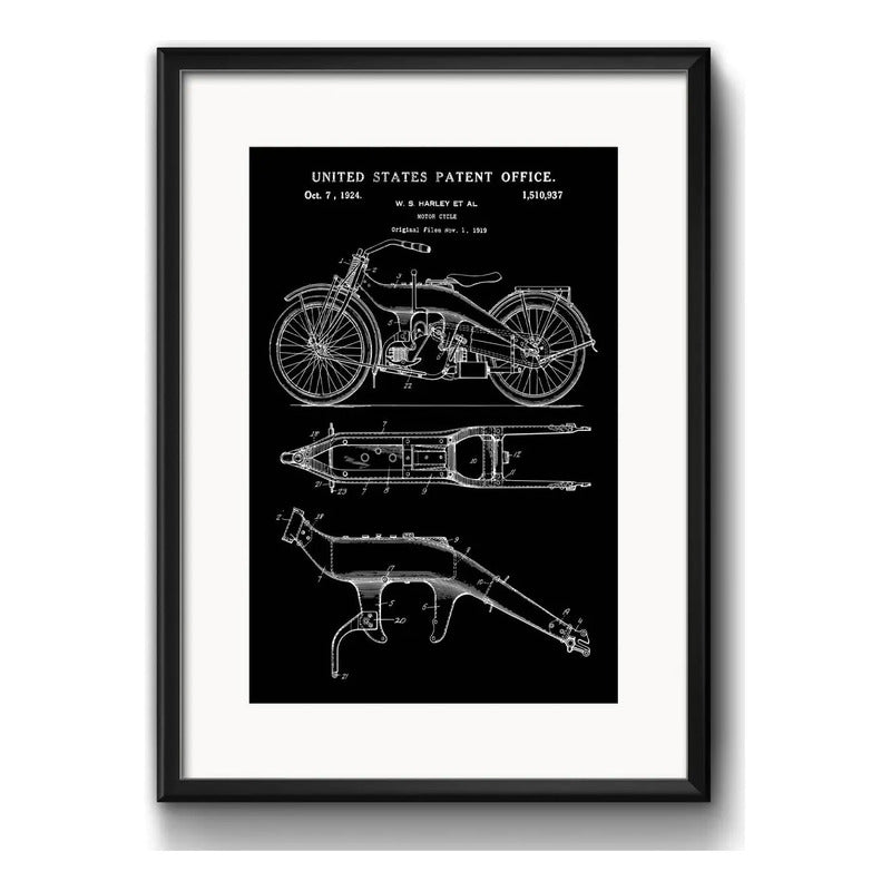 Cuadro Harley Davidson Patente Proyecto Retro Con Paspartu Marco Negro